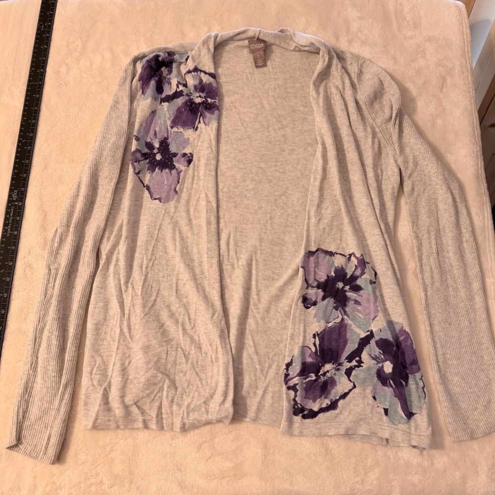 Chicos Floral Rhinestone Open Front Cardigan Gray Purple Size 1 M 570187979